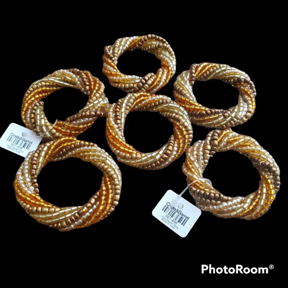 Crate & Barrel Beaded Napkin Rings Gold Tones Set of 6 NEW